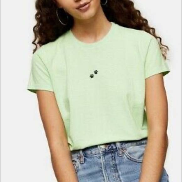 Topshop NWT Lime Green Embroidered Paw Print Motif Short Sleeve Shirt - Size 12 - Picture 1 of 7